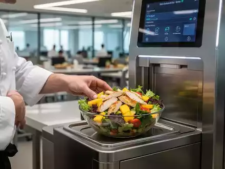 Eine Kochhand platziert eine bunte, gesunde Mahlzeit in einem modernen automatisierten Essensautomaten in einer Bürokantine. - Foto: über boerse-global.de