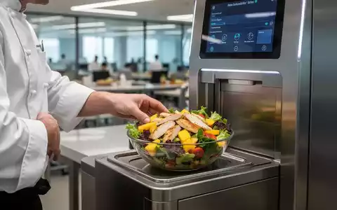 Eine Kochhand platziert eine bunte, gesunde Mahlzeit in einem modernen automatisierten Essensautomaten in einer Bürokantine. - Foto: über boerse-global.de