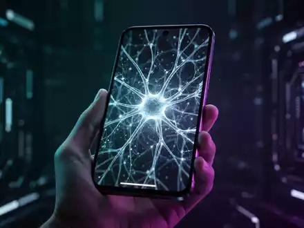 A hand holds a modern smartphone displaying a glowing, abstract interface with AI neural network patterns, lit by blue and purple light. - Foto: über boerse-global.de