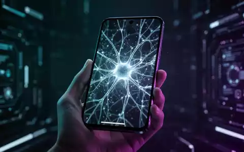 A hand holds a modern smartphone displaying a glowing, abstract interface with AI neural network patterns, lit by blue and purple light. - Foto: über boerse-global.de