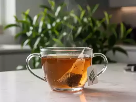 Eine Nahaufnahme einer transparenten Teetasse mit dampfendem, zuckerfreiem Tee und einem Teeblatt-Anhänger vor grünem Hintergrund. - Foto: über boerse-global.de