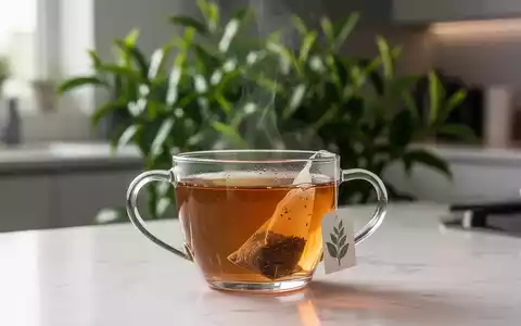 Eine Nahaufnahme einer transparenten Teetasse mit dampfendem, zuckerfreiem Tee und einem Teeblatt-Anhänger vor grünem Hintergrund. - Foto: über boerse-global.de