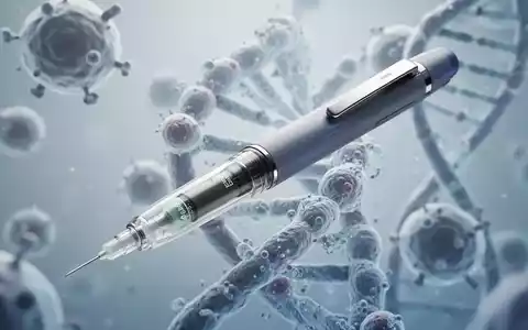 Eine Nahaufnahme eines medizinischen Injektionspens mit einem unscharfen Hintergrund aus wissenschaftlichen Grafiken, die Zellstrukturen darstellen. - Foto: über boerse-global.de