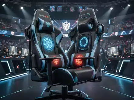 Ein futuristischer, ergonomischer Gaming-Stuhl mit leuchtenden Akzenten in einer professionellen E-Sport-Arena. - Foto: über boerse-global.de