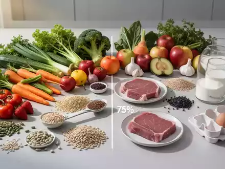 Eine ausgewogene Ernährungspyramide mit 75% pflanzlichen Lebensmitteln und 25% tierischen Produkten, ansprechend arrangiert. - Foto: über boerse-global.de