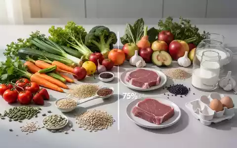 Eine ausgewogene Ernährungspyramide mit 75% pflanzlichen Lebensmitteln und 25% tierischen Produkten, ansprechend arrangiert. - Foto: über boerse-global.de