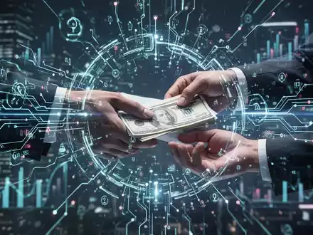 Abstrakte Darstellung von Daten und KI, die sich mit menschlichen Händen überschneiden, die Geld oder einen Vertrag austauschen. - Foto: über boerse-global.de