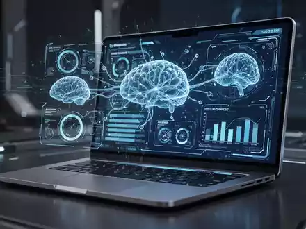 A futuristic laptop displaying a holographic interface with system performance data and abstract AI-related visualizations. - Foto: über boerse-global.de