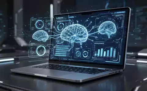 A futuristic laptop displaying a holographic interface with system performance data and abstract AI-related visualizations. - Foto: über boerse-global.de