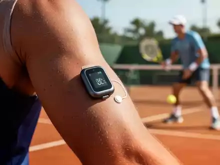 Ein Nahaufnahme eines modernen Glukosemessgeräts am Arm eines Sportlers, mit einem verschwommenen Tennisplatz im Hintergrund. - Foto: über boerse-global.de