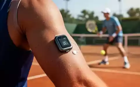 Ein Nahaufnahme eines modernen Glukosemessgeräts am Arm eines Sportlers, mit einem verschwommenen Tennisplatz im Hintergrund. - Foto: über boerse-global.de