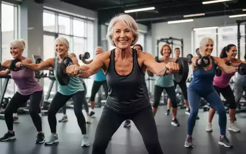 Eine Gruppe aktiver Frauen über 50 lächelt und trainiert dynamisch in einem modernen Fitnessstudio, umgeben von Hanteln und Geräten. - Foto: über boerse-global.de