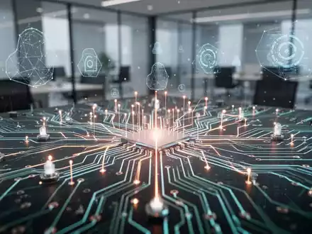 Eine stilisierte, leuchtende Leiterplatte mit Lichtlinien, die Knotenpunkte verbinden, symbolisiert Datenfluss und Auditprozesse. - Foto: über boerse-global.de