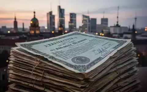 Stapel physischer Aktienzertifikate mit verschwommener Berliner Skyline im Hintergrund bei Dämmerung, die große Transaktionen andeuten. - Foto: über boerse-global.de