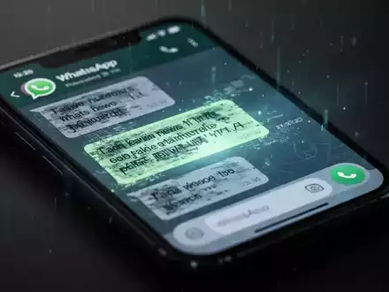 Ein Smartphone-Bildschirm zeigt eine WhatsApp-Chat-Oberfläche mit verzerrtem Text und einem unheimlichen Leuchten, das KI-Bedrohungen symbolisiert. - Foto: über boerse-global.de