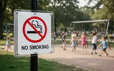 Ein modernes, klares Nichtraucherzeichen in einem öffentlichen Park mit spielenden Kindern im Hintergrund. - Foto: über boerse-global.de