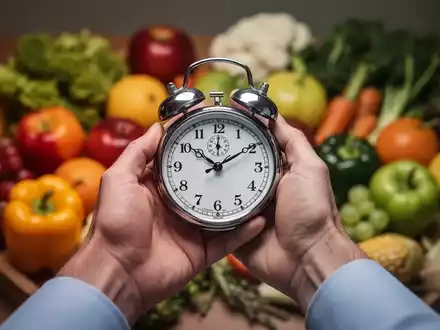 Hände halten eine Uhr oder Stoppuhr; im Hintergrund unscharf gesundes Essen, das zeitlich begrenztes Essen symbolisiert. - Foto: über boerse-global.de