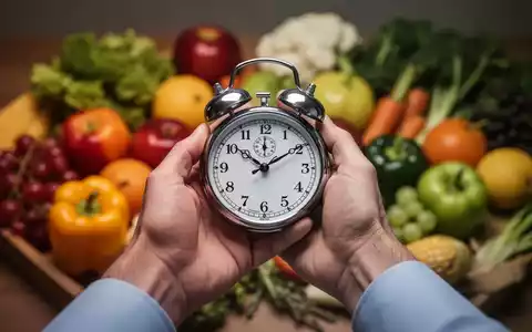 Hände halten eine Uhr oder Stoppuhr; im Hintergrund unscharf gesundes Essen, das zeitlich begrenztes Essen symbolisiert. - Foto: über boerse-global.de