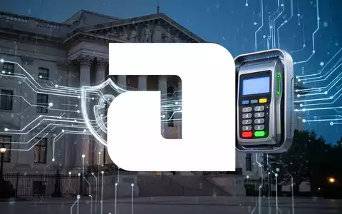 Abstrakte Darstellung digitaler Zahlungsvorgänge, die eine Regierungsfassade mit einem Zahlungsterminal-Symbol verbinden. - Foto: über boerse-global.de