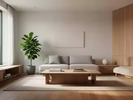 Ein aufgeräumtes, minimalistisches Wohnzimmer mit natürlichen Materialien und warmem Licht, das Ruhe und Ordnung ausstrahlt. - Foto: über boerse-global.de