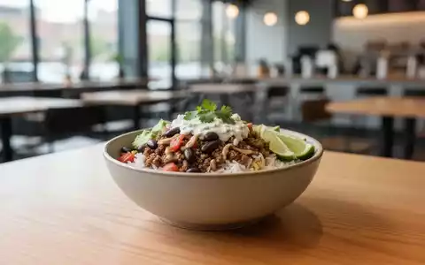 Eine einzelne Chipotle Burrito Bowl auf einem Holztisch in einem modernen Restaurant, mit weichem, diffusem Licht. - Foto: über boerse-global.de