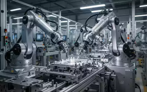 Moderne Fabrikhalle mit Roboterarmen, die präzise Komponenten montieren, symbolisiert Automatisierung und Technologie. - Foto: über boerse-global.de