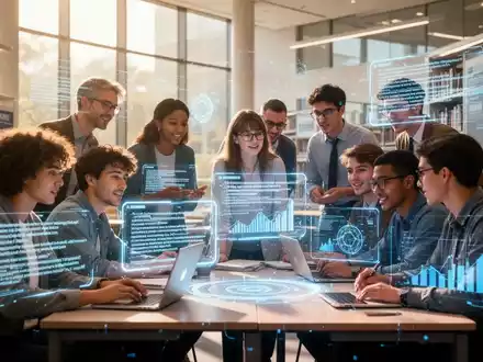 Students and professors in a modern university library collaborating with holographic AI interfaces, symbolizing the integration of AI in academia. - Foto: über boerse-global.de