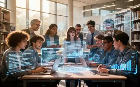 Students and professors in a modern university library collaborating with holographic AI interfaces, symbolizing the integration of AI in academia. - Foto: über boerse-global.de