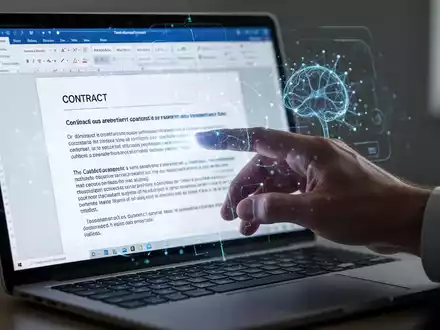 A hand interacts with an AI-powered legal document in Microsoft Word on a laptop, showing glowing digital elements. - Foto: über boerse-global.de