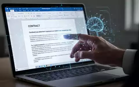 A hand interacts with an AI-powered legal document in Microsoft Word on a laptop, showing glowing digital elements. - Foto: über boerse-global.de
