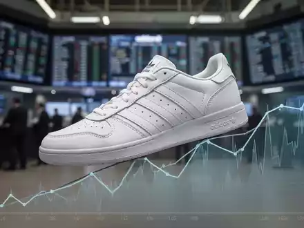 Ein sauberer Adidas-Sneaker steht auf einer ansteigenden Finanzchart-Linie, mit einem unscharfen Börsenhintergrund. - Foto: über boerse-global.de
