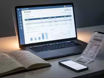 Ein Laptopbildschirm zeigt eine digitale Rechnung und Finanzdaten, daneben ein Notizbuch und ein Smartphone, das einen Beleg scannt. - Foto: über boerse-global.de
