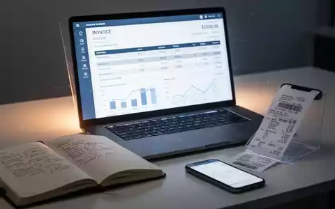 Ein Laptopbildschirm zeigt eine digitale Rechnung und Finanzdaten, daneben ein Notizbuch und ein Smartphone, das einen Beleg scannt. - Foto: über boerse-global.de