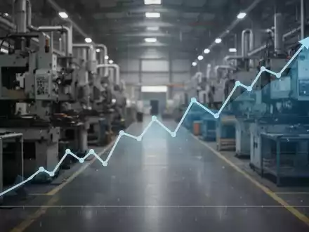 Eine gedämpfte Fabrikhalle mit unscharfen Maschinen im Hintergrund und einem absteigenden Liniendiagramm im Vordergrund. - Foto: über boerse-global.de