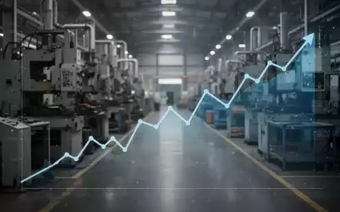 Eine gedämpfte Fabrikhalle mit unscharfen Maschinen im Hintergrund und einem absteigenden Liniendiagramm im Vordergrund. - Foto: über boerse-global.de