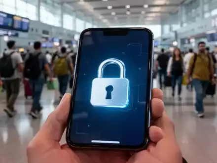 Nahaufnahme eines Smartphones mit digitalem Schlosssymbol vor dem verschwommenen Hintergrund eines belebten Flughafenterminals. - Foto: über boerse-global.de