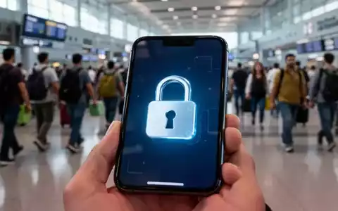 Nahaufnahme eines Smartphones mit digitalem Schlosssymbol vor dem verschwommenen Hintergrund eines belebten Flughafenterminals. - Foto: über boerse-global.de