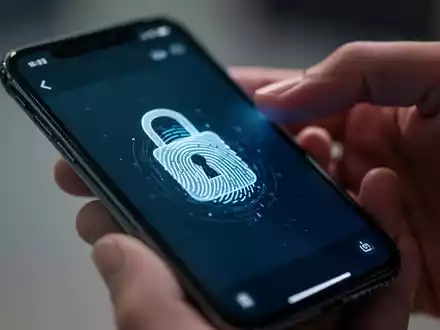 Ein iPhone-Bildschirm zeigt ein Vorhängeschloss-Symbol und einen Fingerabdruck-Scan, im Hintergrund eine unscharfe Hand. - Foto: über boerse-global.de