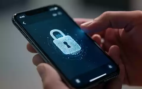 Ein iPhone-Bildschirm zeigt ein Vorhängeschloss-Symbol und einen Fingerabdruck-Scan, im Hintergrund eine unscharfe Hand. - Foto: über boerse-global.de