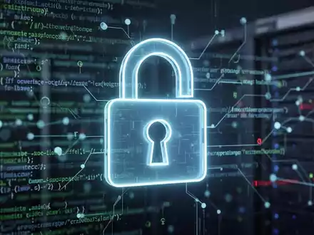 Digital padlock icon over blurred background of code and network connections, symbolizing cybersecurity and vulnerabilities. - Foto: über boerse-global.de
