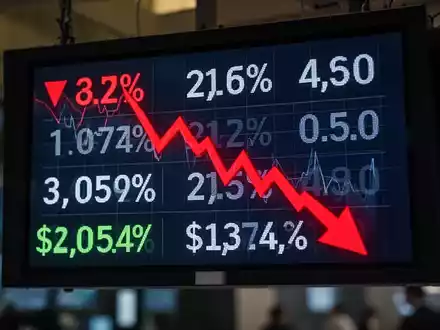 Ein Börsenticker zeigt einen starken Abwärtstrend mit einem roten Pfeil, der auf einen 36-Prozent-Sturz hindeutet. - Foto: über boerse-global.de