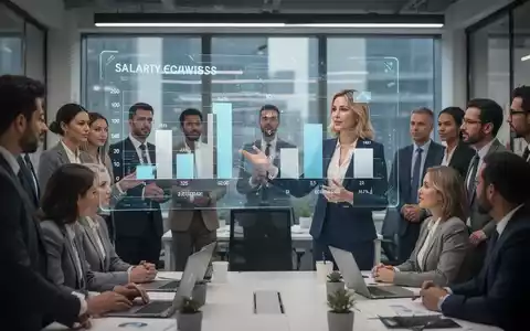 Eine Frau präsentiert Lohndaten auf einem transparenten Bildschirm vor einer Gruppe von Geschäftsleuten. Das Bild symbolisiert Lohntransparenz und Gleichheit. - Foto: über boerse-global.de