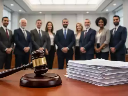Ein Schläger liegt auf einem Stapel von Gesetzbüchern, im Hintergrund eine vielfältige Gruppe von Personen in einem Gerichtssaal. - Foto: über boerse-global.de