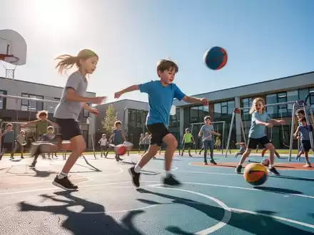 Kinder spielen auf einem Sportplatz, rennen und bewegen sich, symbolisierend gesunde Entwicklung und körperliche Aktivität. - Foto: über boerse-global.de