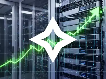 Ein stilisierter, leuchtend grüner Aktienkurs-Graph, der nach oben zeigt, über modernen Servern und Computerhardware. - Foto: über boerse-global.de