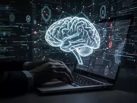 Shadowy hands typing on a laptop, with an abstract glowing AI network on the screen, representing an AI security vulnerability. - Foto: über boerse-global.de