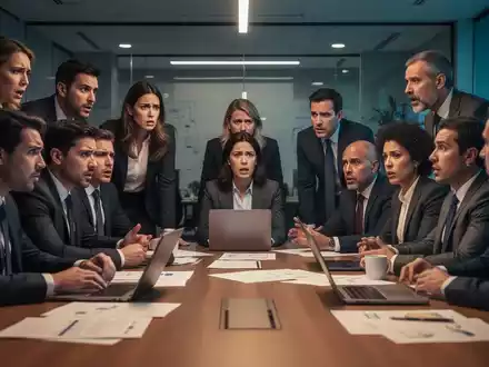 Eine Gruppe von Geschäftsleuten in einem modernen Büro diskutiert um einen Konferenztisch, einige mit besorgten Ausdrücken. - Foto: über boerse-global.de