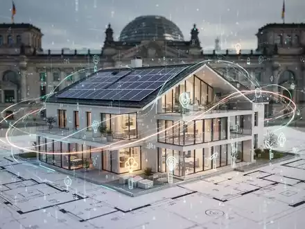 Blaupause eines modernen, energieeffizienten Gebäudes mit digitalen Datenströmen und dem Deutschen Bundestag im Hintergrund. - Foto: über boerse-global.de