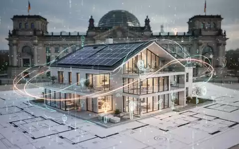 Blaupause eines modernen, energieeffizienten Gebäudes mit digitalen Datenströmen und dem Deutschen Bundestag im Hintergrund. - Foto: über boerse-global.de