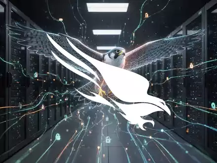 Ein stilisiertes, leuchtendes digitales Falken- oder Habicht-Symbol fliegt über komplexe Datenströme und Server in einem Rechenzentrum. - Foto: über boerse-global.de